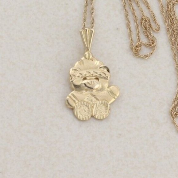 14k Yellow Gold Winter Teddy Bear Necklace 18" Chain - Picture 1 of 8